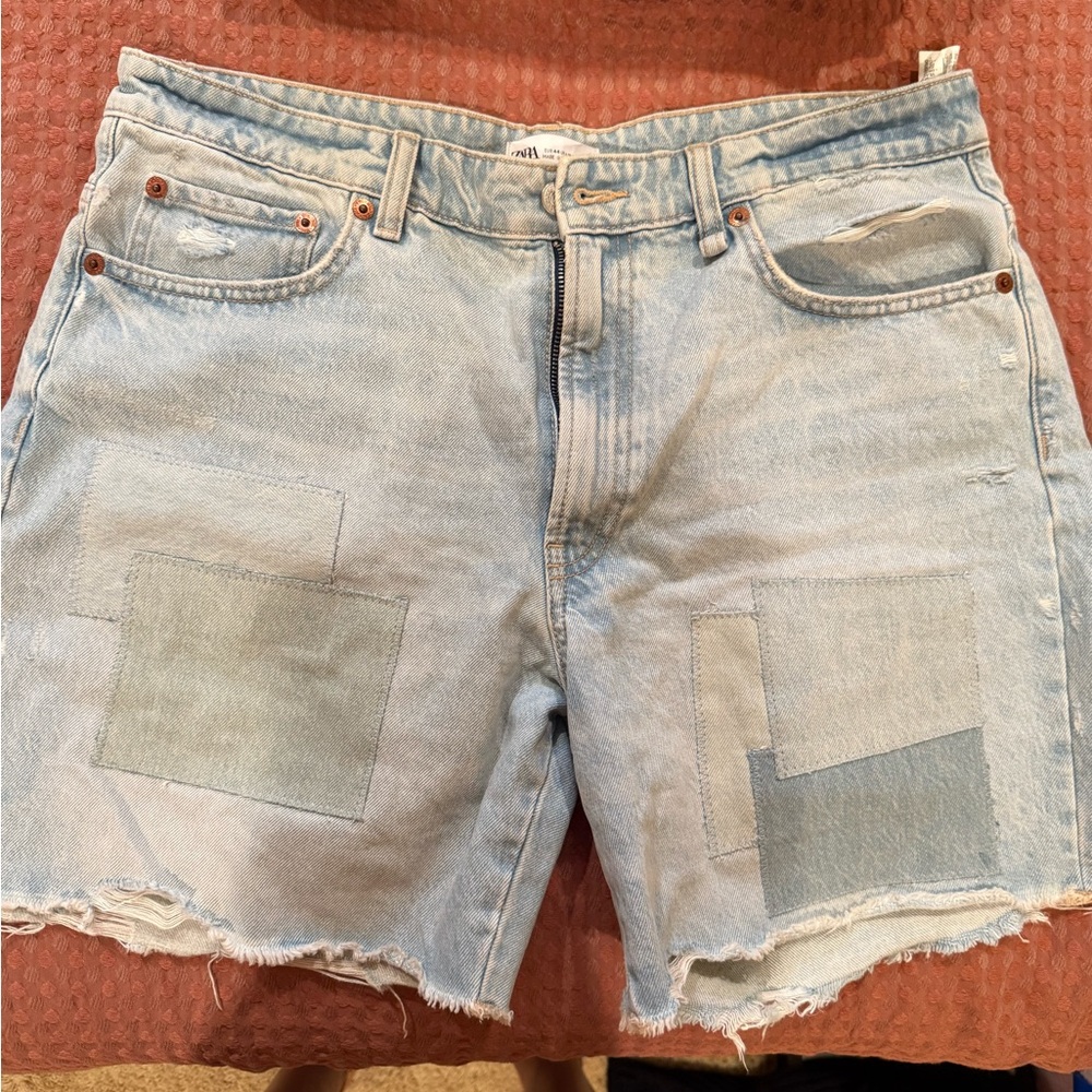 Zara Blue Jean Shorts Distressed Patchwork